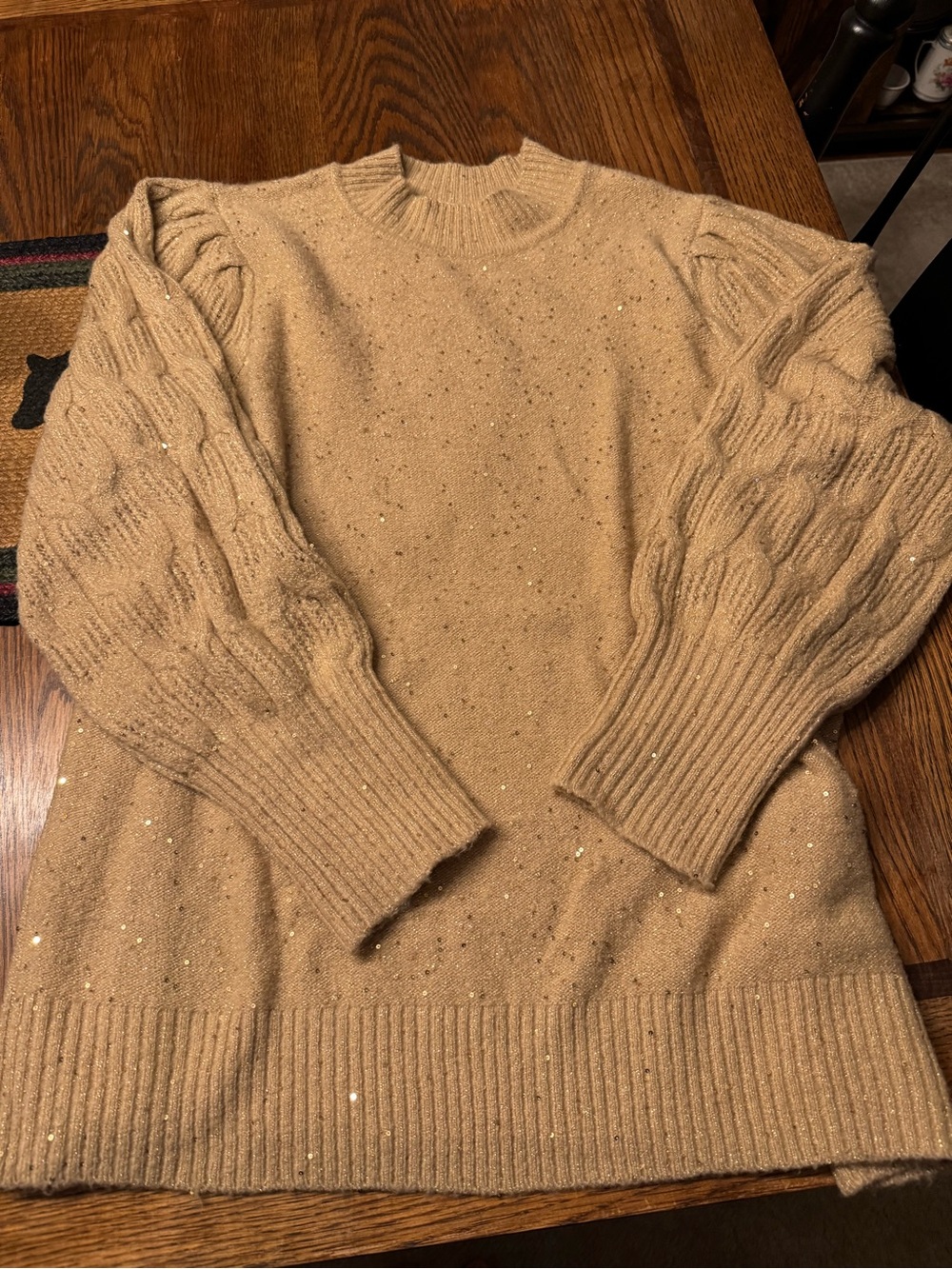 Belle by Kim Gravel Camel Sequin Cable Crewneck Sweater